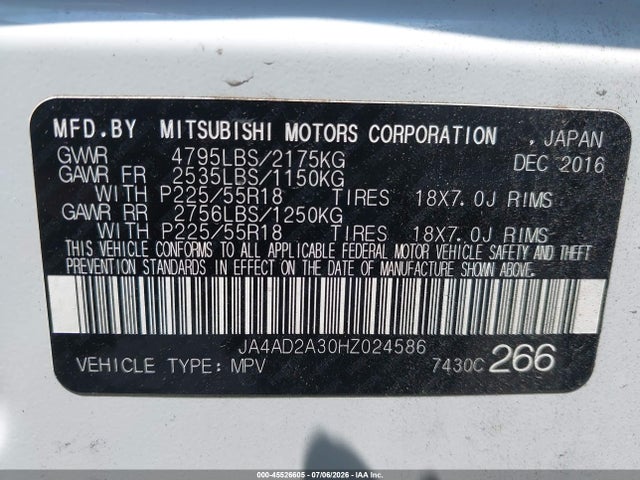 Aukcja sprzedaży 2017 Mitsubishi Outlander Es, vin: JA4AD2A30HZ024586, numer aukcji: 45526605