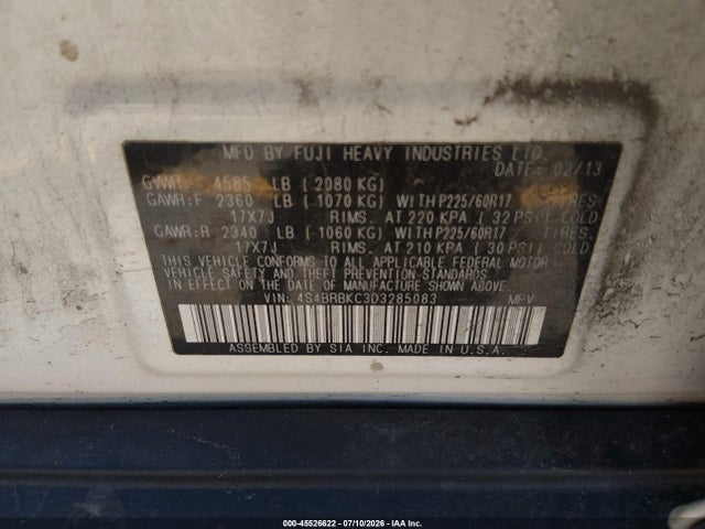 45526622 :رقم المزاد ، 4S4BRBKC3D3285083 vin ، 2013 Subaru Outback 2.5i Limited مزاد بيع