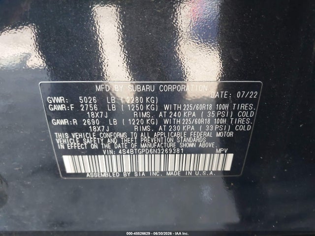 2022 Subaru Outback Touring Xt მანქანა იყიდება აუქციონზე, vin: 4S4BTGPD6N3269381, აუქციონის ნომერი: 45526629