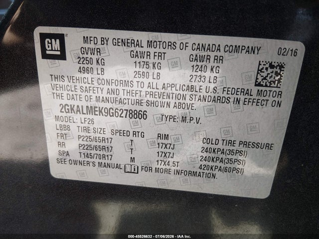 Продаж на аукціоні авто 2016 Gmc Terrain Sle-1, vin: 2GKALMEK9G6278866, номер лоту: 45526632