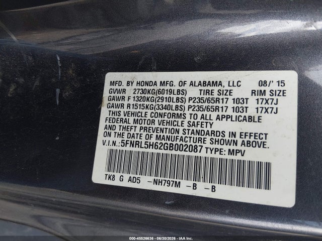 2016 Honda Odyssey Ex-l მანქანა იყიდება აუქციონზე, vin: 5FNRL5H62GB002087, აუქციონის ნომერი: 45526636