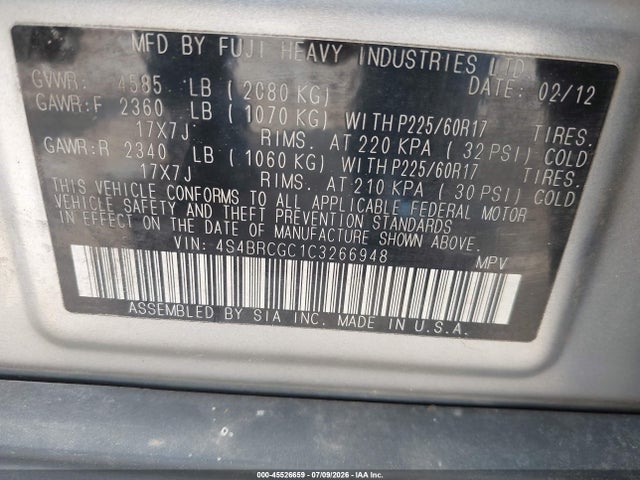 Aukcja sprzedaży 2012 Subaru Outback 2.5i Premium, vin: 4S4BRCGC1C3266948, numer aukcji: 45526659