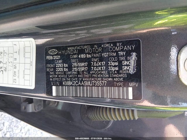 45526665 :رقم المزاد ، KM8K2CAA5MU735577 vin ، 2021 Hyundai Kona Sel مزاد بيع