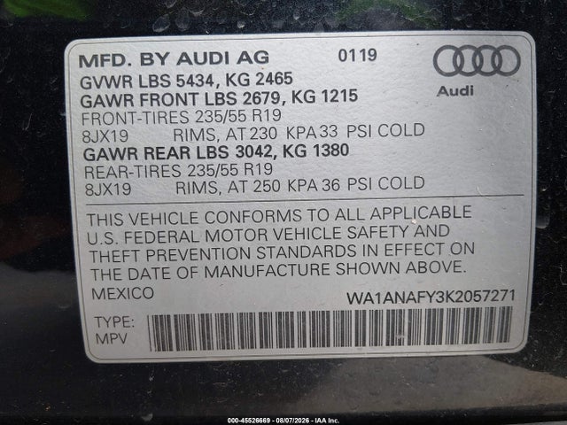 Aukcja sprzedaży 2019 Audi Q5 45 Premium, vin: WA1ANAFY3K2057271, numer aukcji: 45526669