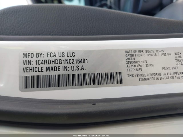 45526677 :رقم المزاد ، 1C4RDHDG1NC216401 vin ، 2022 Dodge Durango Gt Plus Rwd مزاد بيع