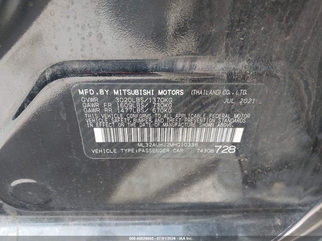 Aukcja sprzedaży 2021 Mitsubishi Mirage Carbonite Edition/es/le, vin: ML32AUHJ2MH010338, numer aukcji: 45526680