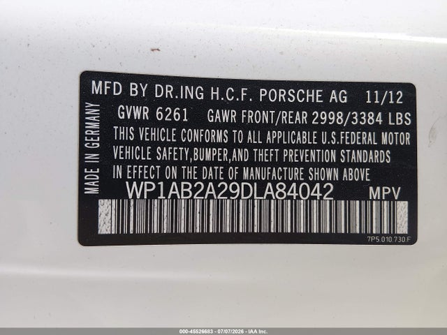 45526683 :رقم المزاد ، WP1AB2A29DLA84042 vin ، 2013 Porsche Cayenne S مزاد بيع