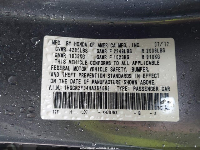 Honda ACCORD LX 2017 1HGCR2F34HA264085 Image 9