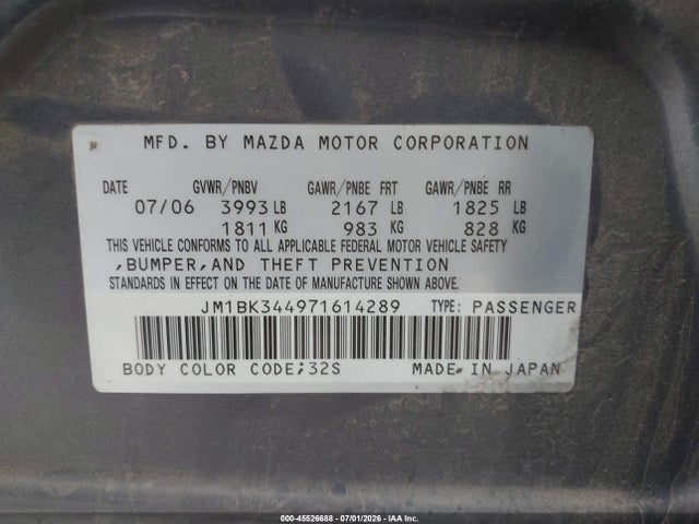 Aukcja sprzedaży 2007 Mazda Mazda3 S Touring, vin: JM1BK344971614289, numer aukcji: 45526688