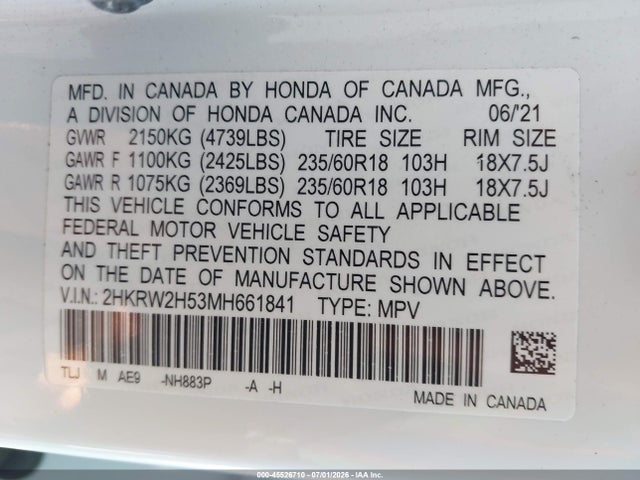 2HKRW2H53MH661841 Honda Cr-v Awd Ex