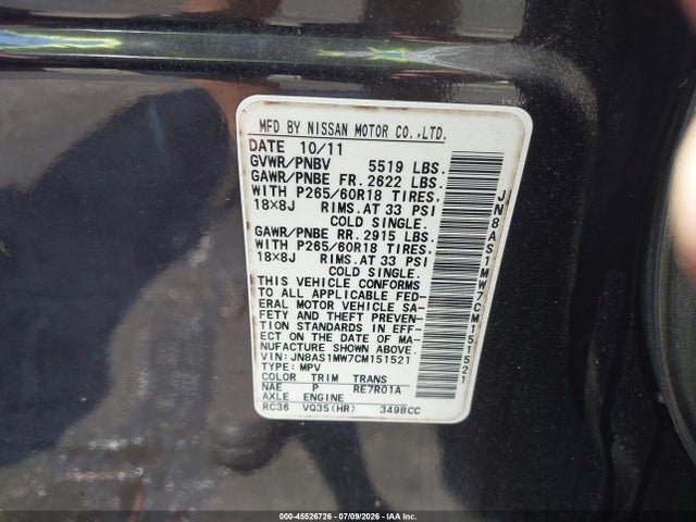 Aukcja sprzedaży 2012 Infiniti Fx35, vin: JN8AS1MW7CM151521, numer aukcji: 45526726