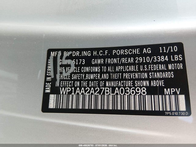 2011 Porsche Cayenne მანქანა იყიდება აუქციონზე, vin: WP1AA2A27BLA03698, აუქციონის ნომერი: 45526753