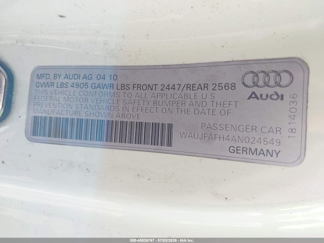 Продаж на аукціоні авто 2010 Audi A5 2.0t Premium, vin: WAUJFAFH4AN024549, номер лоту: 45526767