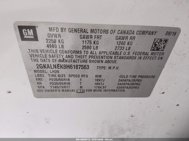 2017 Gmc Terrain Sle-2 მანქანა იყიდება აუქციონზე, vin: 2GKALNEK8H6187563, აუქციონის ნომერი: 45526772