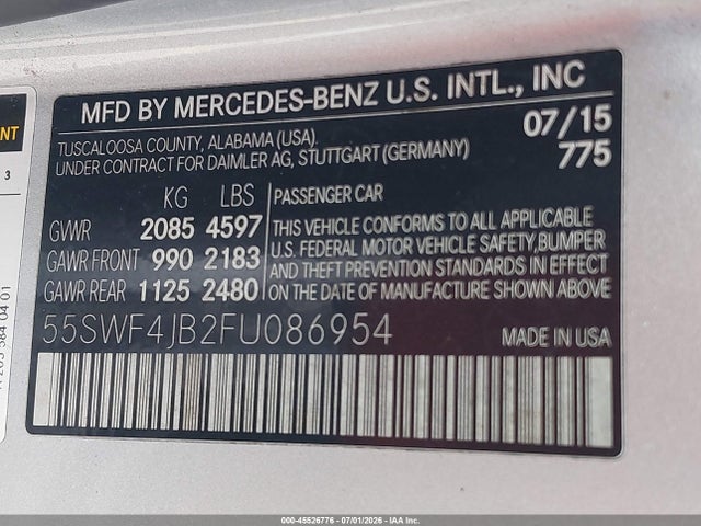 45526776 :رقم المزاد ، 55SWF4JB2FU086954 vin ، 2015 Mercedes-benz C 300 Sport مزاد بيع