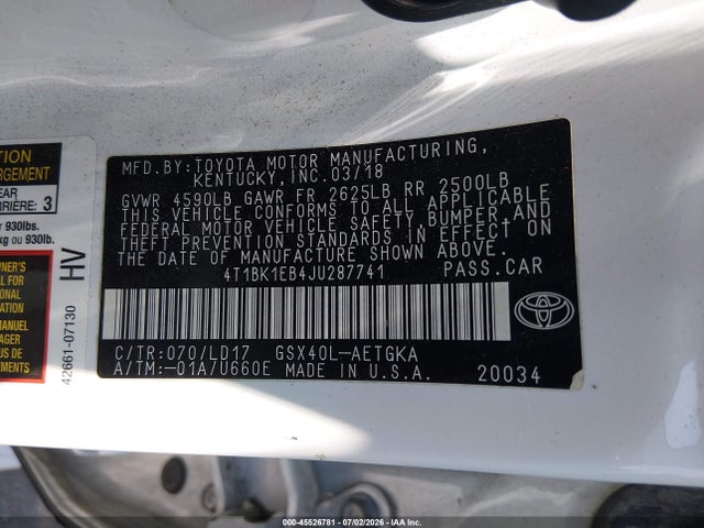 45526781 :رقم المزاد ، 4T1BK1EB4JU287741 vin ، 2018 Toyota Avalon Xle مزاد بيع