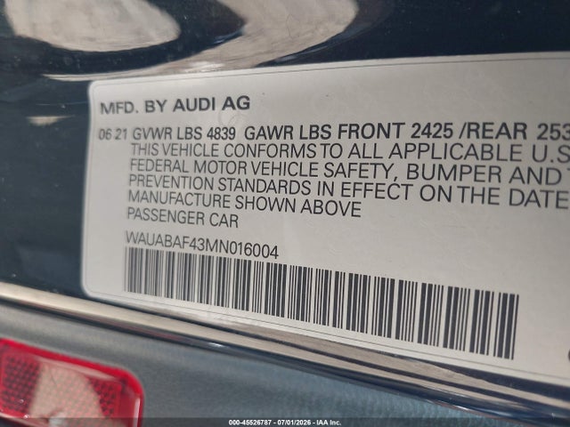 Aukcja sprzedaży 2021 Audi A4 Premium 40 Tfsi Quattro S Tronic, vin: WAUABAF43MN016004, numer aukcji: 45526787