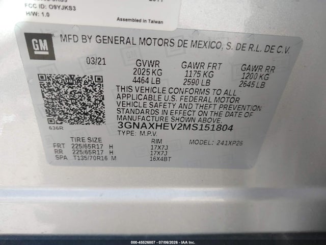 3GNAXHEV2MS151804 Chevrolet Equinox Fwd Ls