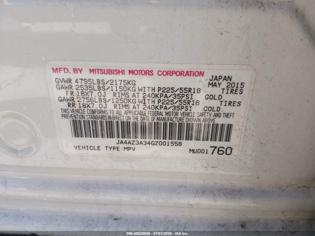 45526808 :رقم المزاد ، JA4AZ3A34GZ001558 vin ، 2016 Mitsubishi Outlander Se مزاد بيع