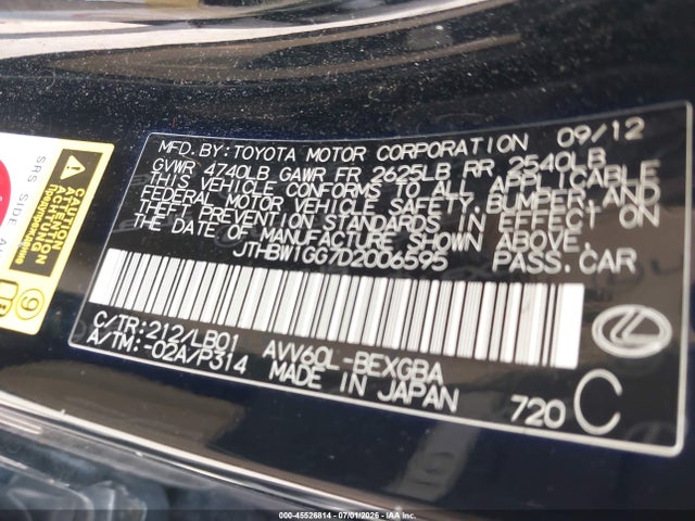 45526814 :رقم المزاد ، JTHBW1GG7D2006595 vin ، 2013 Lexus Es 300h مزاد بيع