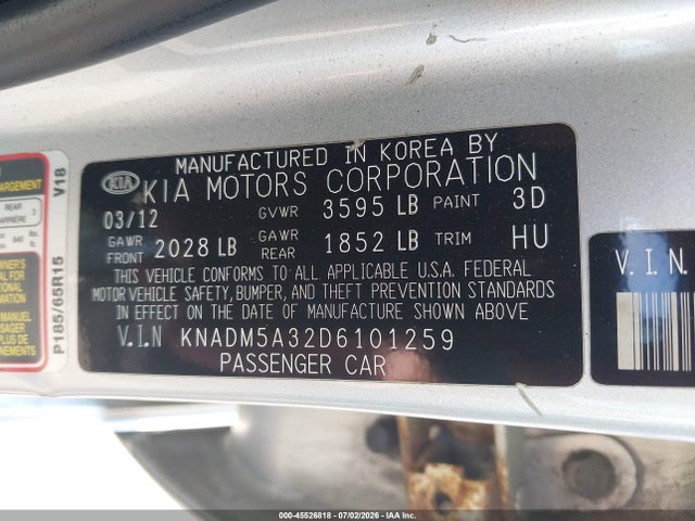 Aukcja sprzedaży 2013 Kia Rio Lx, vin: KNADM5A32D6101259, numer aukcji: 45526818