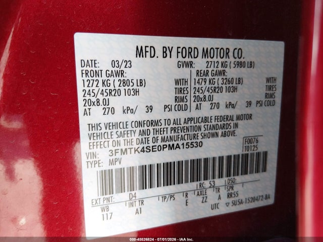 2023 Ford Mustang Mach-e Gt მანქანა იყიდება აუქციონზე, vin: 3FMTK4SE0PMA15530, აუქციონის ნომერი: 45526824