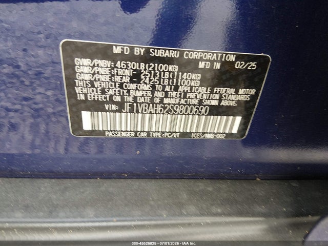 Aukcja sprzedaży 2025 Subaru Wrx Premium, vin: JF1VBAH62S9800690, numer aukcji: 45526825