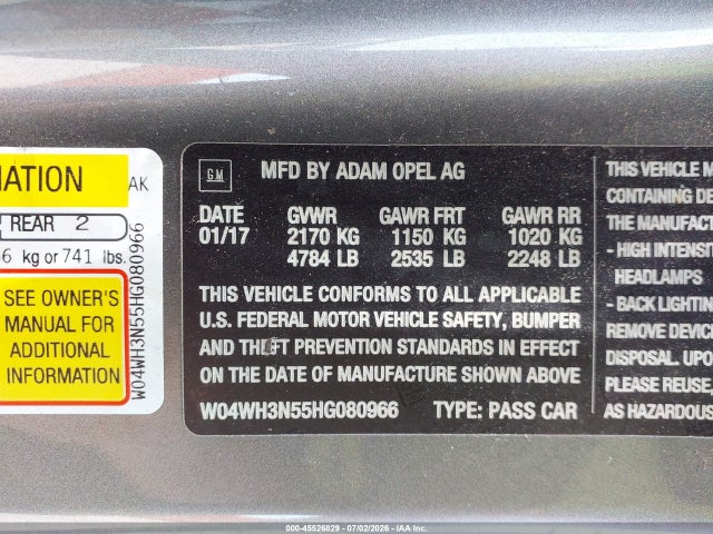 Продаж на аукціоні авто 2017 Buick Cascada Premium, vin: W04WH3N55HG080966, номер лоту: 45526829