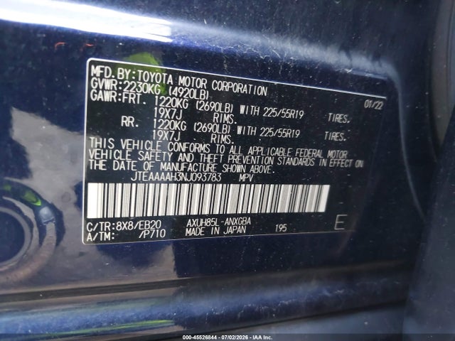 45526844 :رقم المزاد ، JTEAAAAH3NJ093783 vin ، 2022 Toyota Venza Xle مزاد بيع