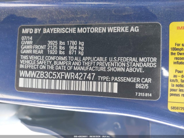 2015 Mini Countryman Cooper მანქანა იყიდება აუქციონზე, vin: WMWZB3C5XFWR42747, აუქციონის ნომერი: 45526851