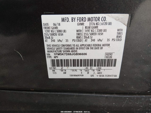 Ford EXPLORER XLT 2018 1FM5K7D88JGB96606 Image 9