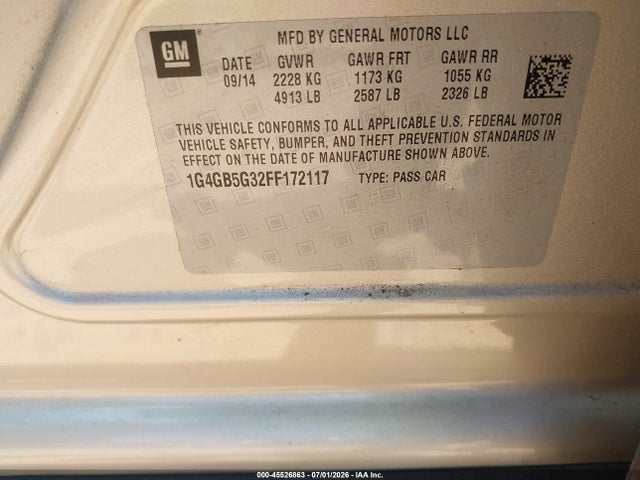 45526863 :رقم المزاد ، 1G4GB5G32FF172117 vin ، 2015 Buick Lacrosse Leather مزاد بيع