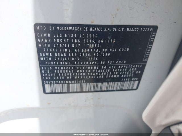 Продаж на аукціоні авто 2021 Volkswagen Tiguan 2.0t Se/2.0t Se R-line Black/2.0t Sel, vin: 3VV3B7AX0MM051434, номер лоту: 45526867
