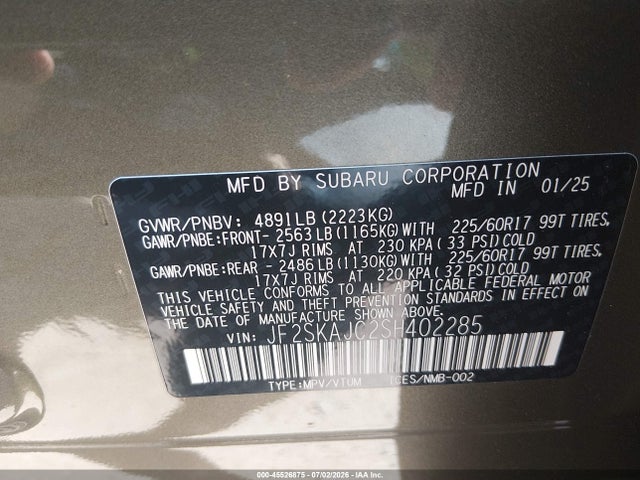 45526875 :رقم المزاد ، JF2SKAJC2SH402285 vin ، 2025 Subaru Forester Wilderness مزاد بيع