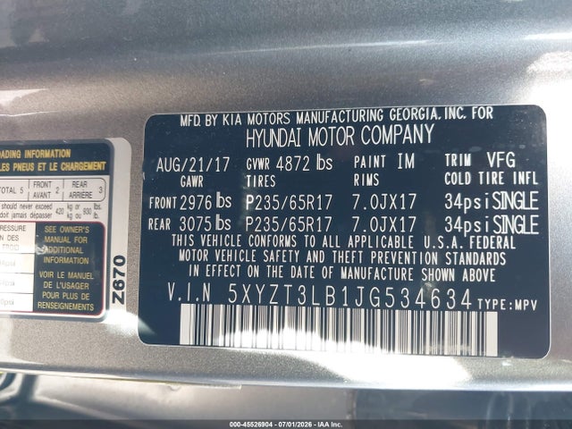 Aukcja sprzedaży 2018 Hyundai Santa Fe Sport 2.4l, vin: 5XYZT3LB1JG534634, numer aukcji: 45526904