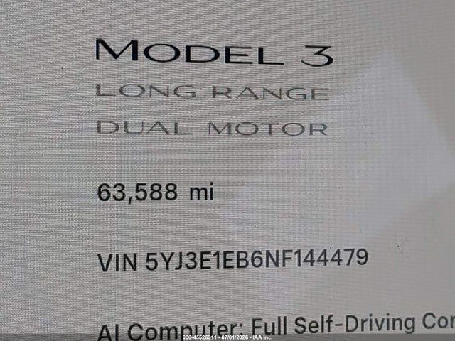 Aukcja sprzedaży 2022 Tesla Model 3 Long Range Dual Motor All-wheel Drive, vin: 5YJ3E1EB6NF144479, numer aukcji: 45526911