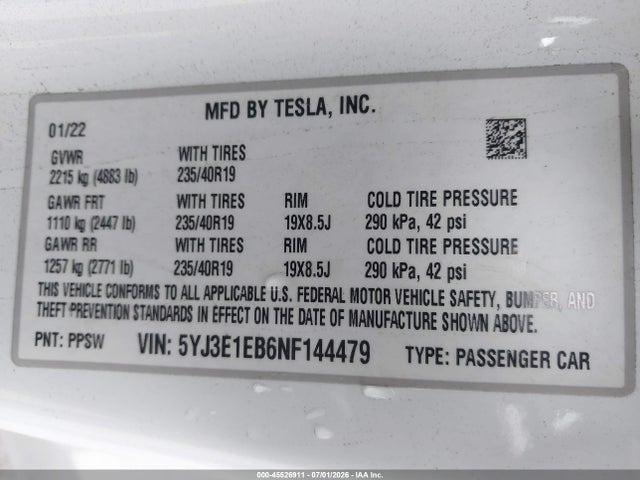 Aukcja sprzedaży 2022 Tesla Model 3 Long Range Dual Motor All-wheel Drive, vin: 5YJ3E1EB6NF144479, numer aukcji: 45526911