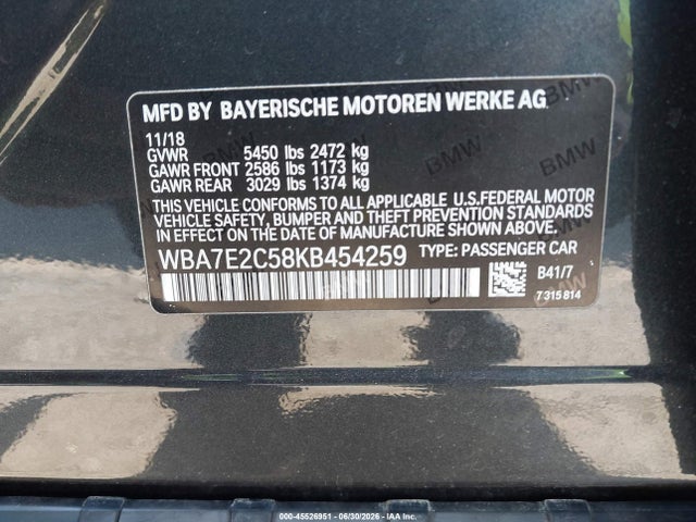 2019 Bmw 740i მანქანა იყიდება აუქციონზე, vin: WBA7E2C58KB454259, აუქციონის ნომერი: 45526951