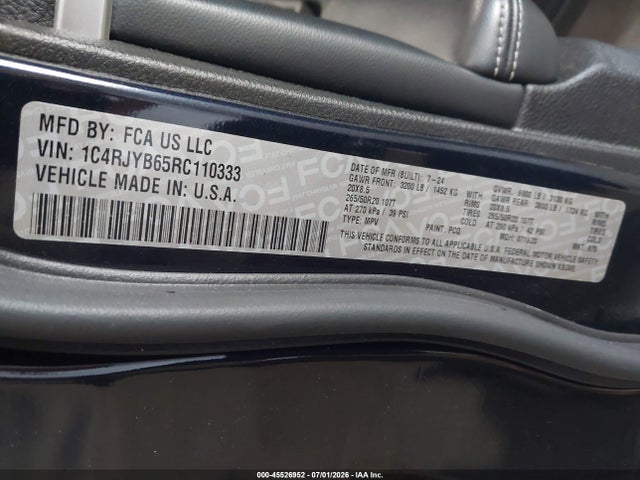 2024 Jeep Grand Cherokee 4xe მანქანა იყიდება აუქციონზე, vin: 1C4RJYB65RC110333, აუქციონის ნომერი: 45526952