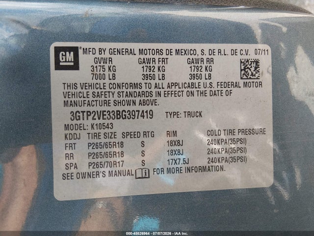 45526964 :رقم المزاد ، 3GTP2VE33BG397419 vin ، 2011 Gmc Sierra 1500 Sle مزاد بيع
