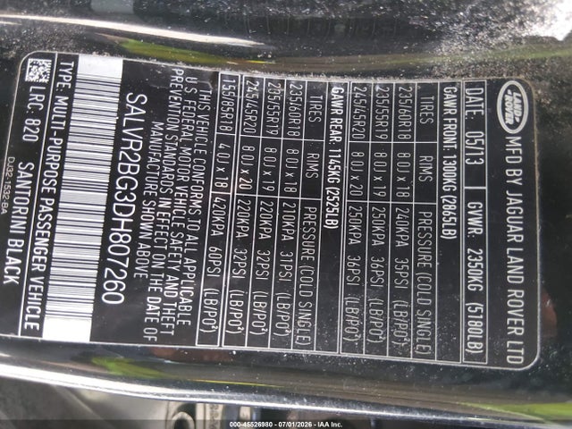 2013 Land Rover Range Rover Evoque Pure მანქანა იყიდება აუქციონზე, vin: SALVR2BG3DH807260, აუქციონის ნომერი: 45526980