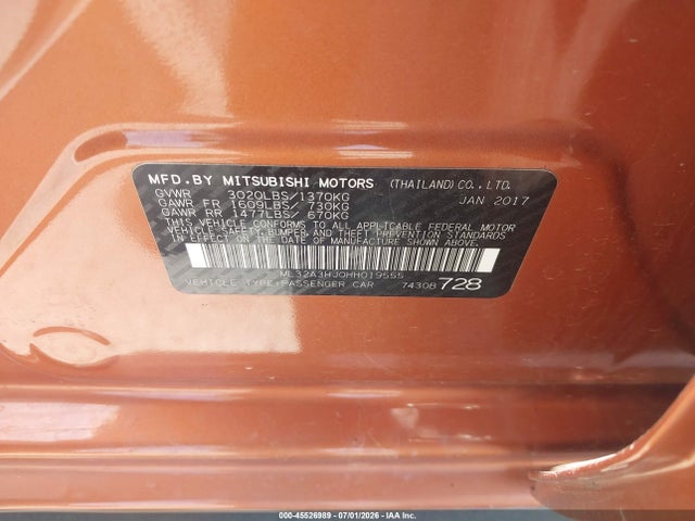 2017 Mitsubishi Mirage Es მანქანა იყიდება აუქციონზე, vin: ML32A3HJ0HH019555, აუქციონის ნომერი: 45526989