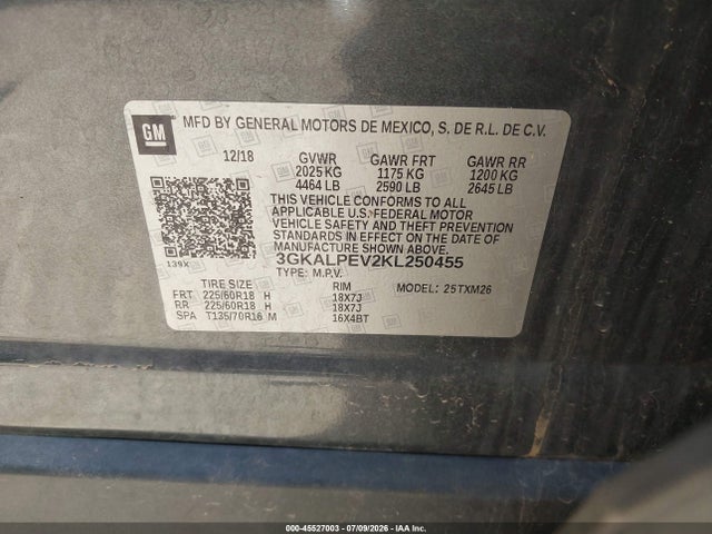 Aukcja sprzedaży 2019 Gmc Terrain Slt, vin: 3GKALPEV2KL250455, numer aukcji: 45527003
