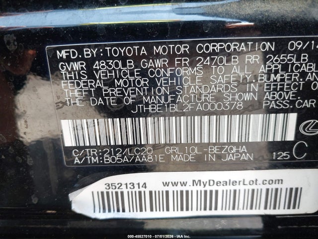 2015 Lexus Gs 350 მანქანა იყიდება აუქციონზე, vin: JTHBE1BL2FA000378, აუქციონის ნომერი: 45527010