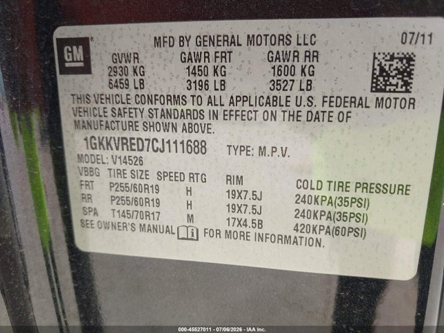 Продаж на аукціоні авто 2012 Gmc Acadia Slt-1, vin: 1GKKVRED7CJ111688, номер лоту: 45527011