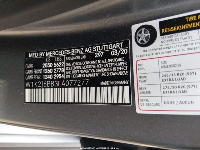 Aukcja sprzedaży 2020 Mercedes-benz Amg Cls 53 4matic, vin: W1K2J6BB3LA077277, numer aukcji: 45527013