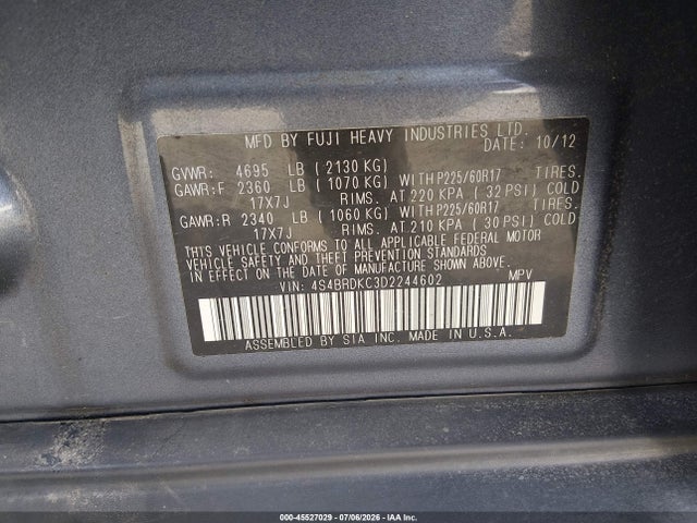 Продаж на аукціоні авто 2013 Subaru Outback 3.6r Limited, vin: 4S4BRDKC3D2244602, номер лоту: 45527029