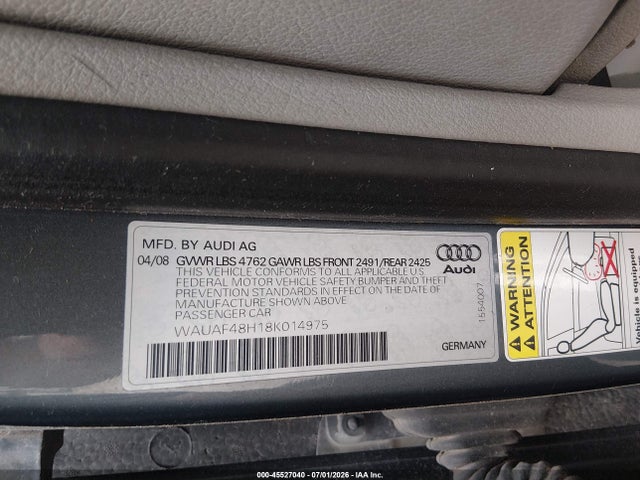 Продаж на аукціоні авто 2008 Audi A4 2.0t, vin: WAUAF48H18K014975, номер лоту: 45527040