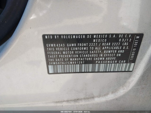 45527041 :رقم المزاد ، 3VW567AJ7CM451297 vin ، 2012 Volkswagen Jetta Gli مزاد بيع
