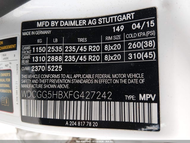 Aukcja sprzedaży 2015 Mercedes-benz Glk 350, vin: WDCGG5HBXFG427242, numer aukcji: 45527042